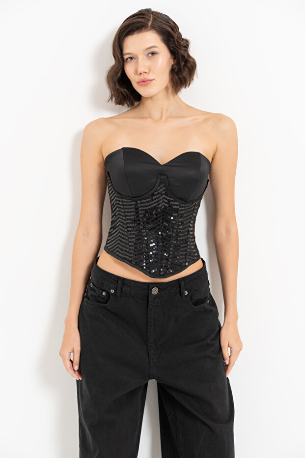 Siyah Pullu Kalp Yaka Büstiyer - 3