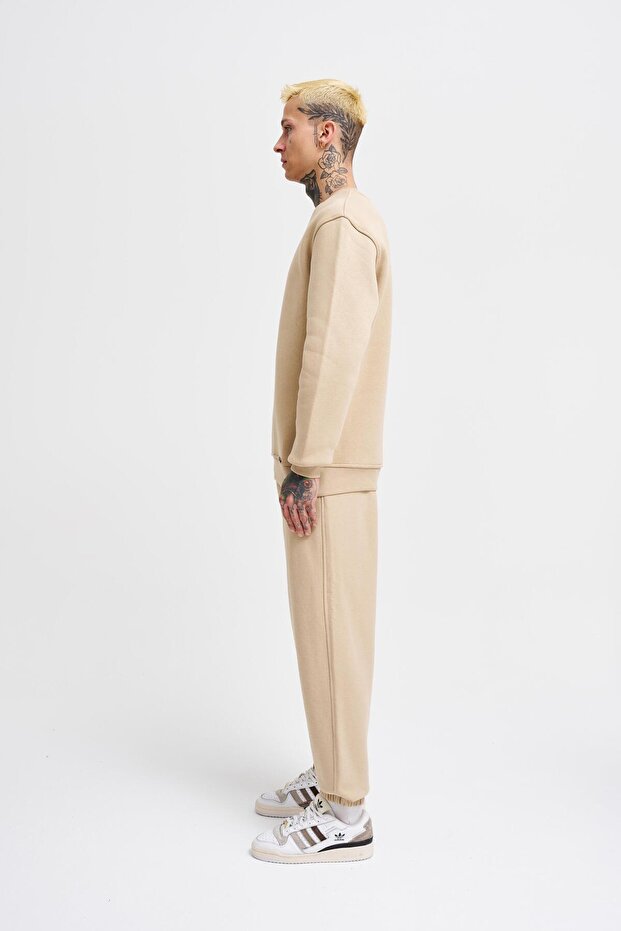 Erkek Regular Bisiklet Yaka Basic Sweatshirt Bej - 6