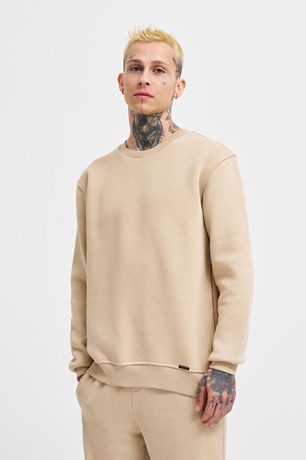 Erkek Regular Bisiklet Yaka Basic Sweatshirt Bej - 1