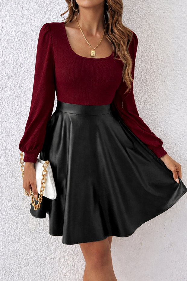 Square Neck Lantern Long Sleeve Pu Dress