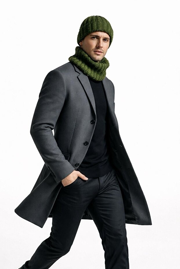 Hand Knitted Men's Beanie Neck Collar Set Green
