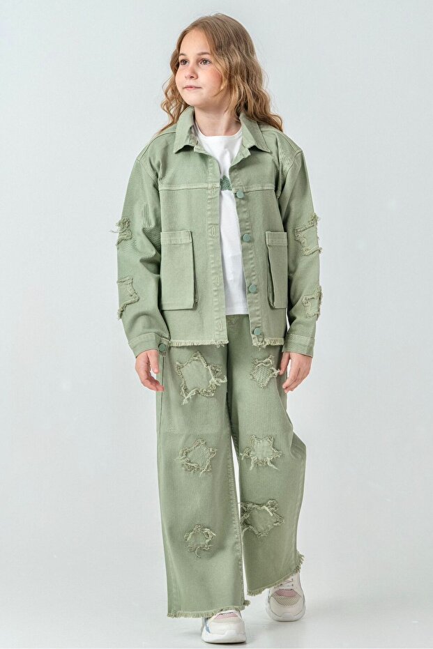 Girl's 3-Piece Star Detailed Jacket – T-Shirt – Pants Set | Quality Fabric – New Season
