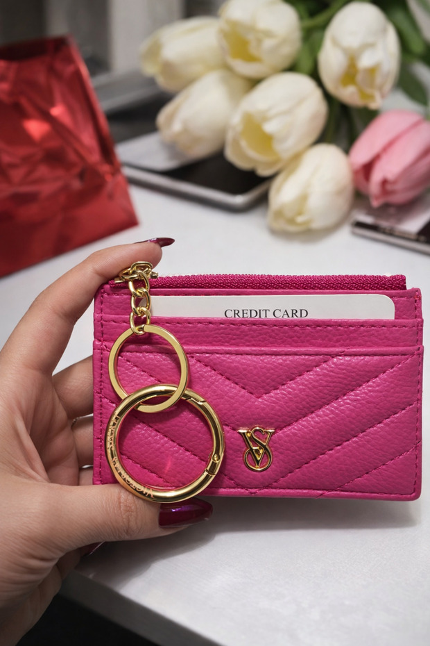 حامل بطاقات وردي اللون - 1