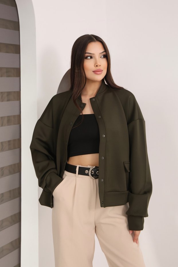 Women's Khaki Scuba Knitted Jacket with Pocket Detail and Snap Detail