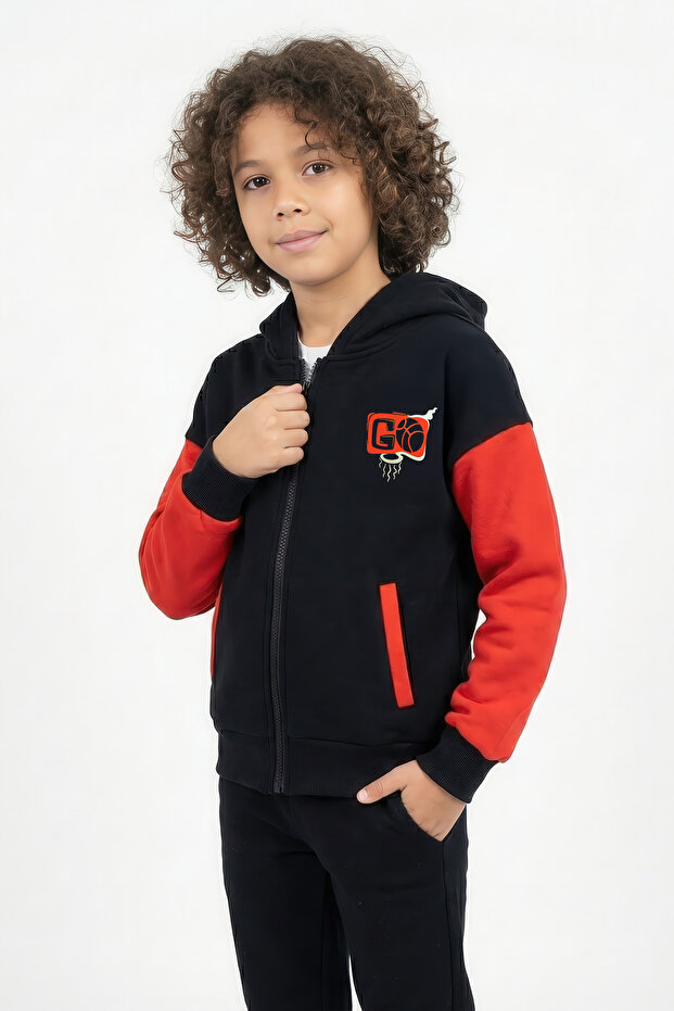 Boy's Multi-Colored Hooded College Jacket – Sporty Style Zippered Casual Sweatshirt Jacket