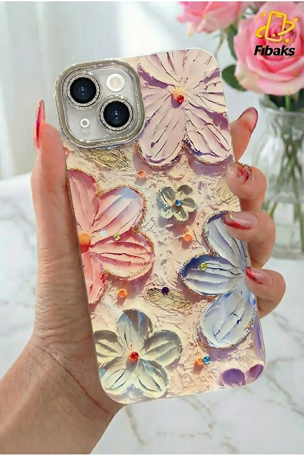 Fibaks iPhone 13 Kılıf Renk Değiştiren Taşlı Kamera Lens Korumalı Pembe Çiçek Desenli Darbe Emici Kapak