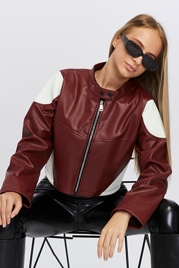 Women's Oversize Zippered Collar Snap Fastener Shoulder and Skirt White Patterned College Racer Jacket Biker Coat