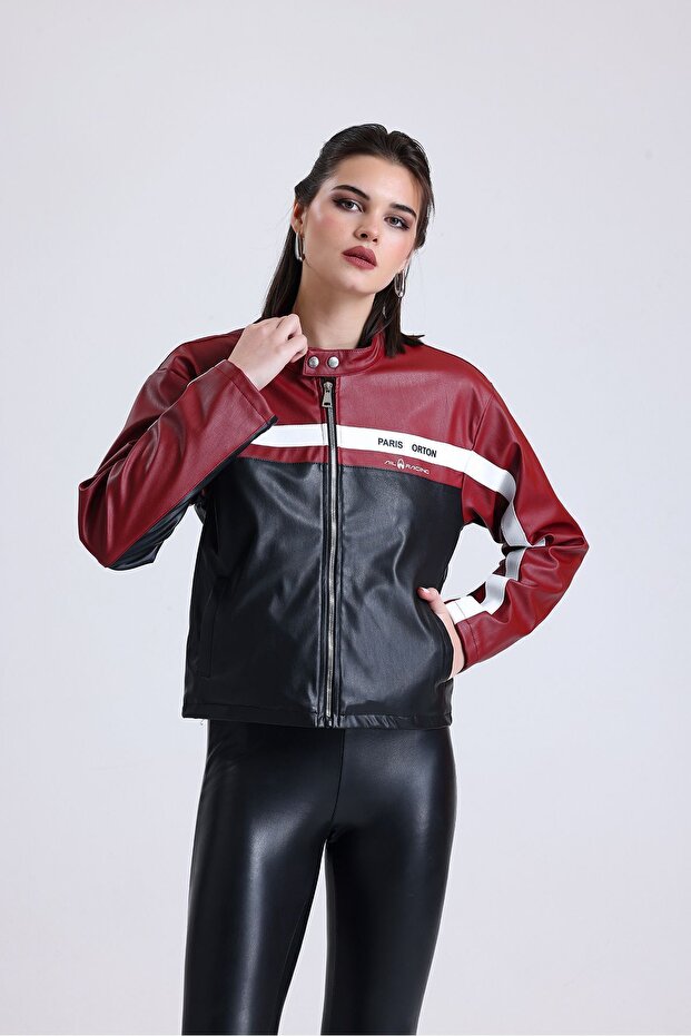 Women's Oversize Printed Biker Jacket Zippered College Coat Bomber Leather Racer Coat Red