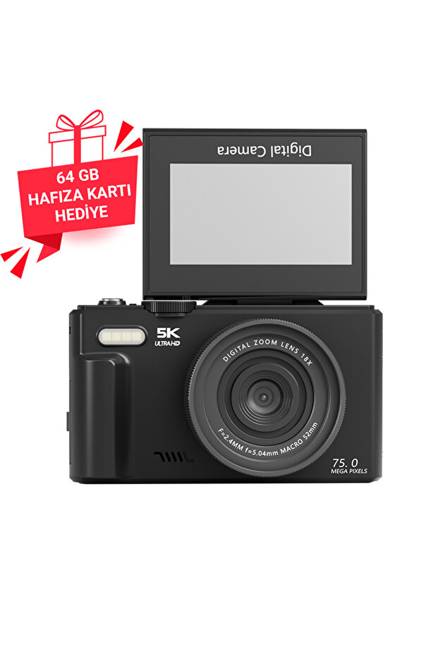 İMEXTECH W1 5K 75MP 18X Zoom Flaşlı 3” Flip Ekranlı Türkçe 64GB Kart Dijital Vlog Fotoğraf Makinesi