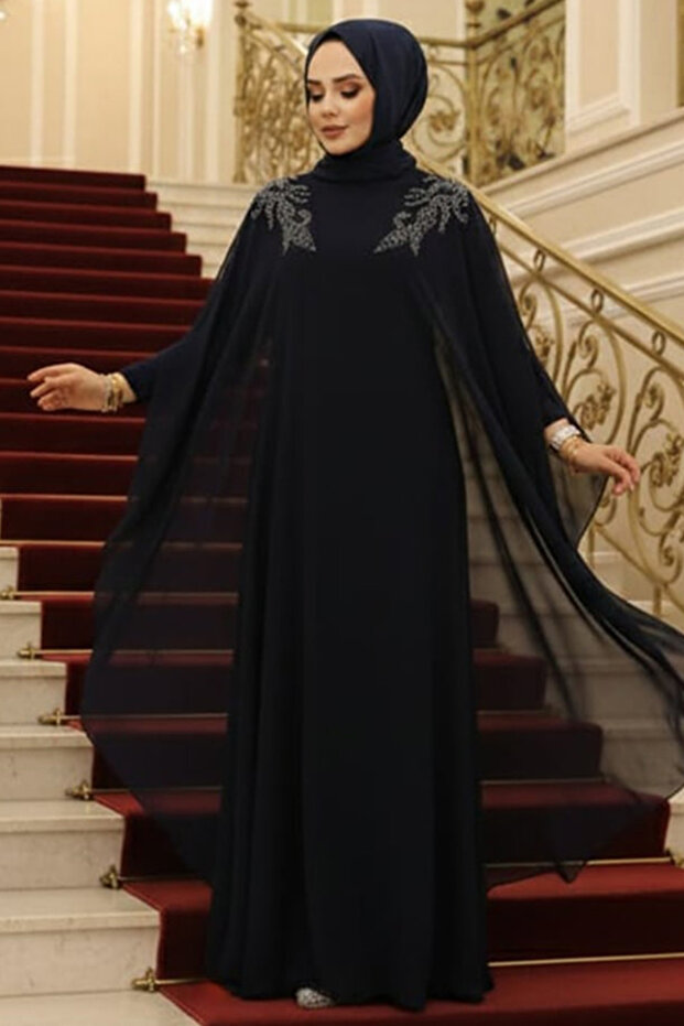 Poncho Detailed Navy Blue Hijab Abaya 25908L