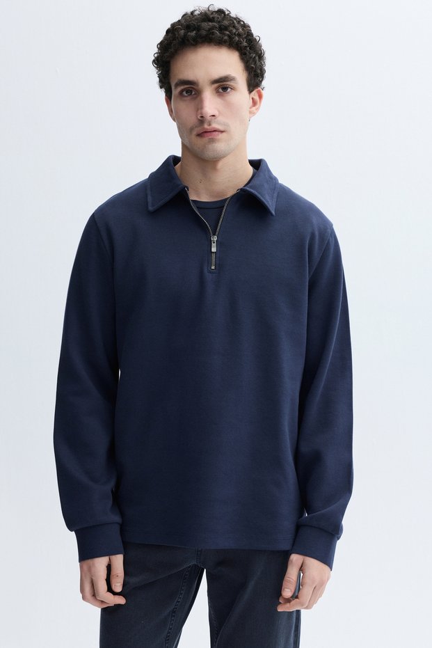 Men's Navy Blue Comfort Fit Zippered Stand Collar Sweatshirt