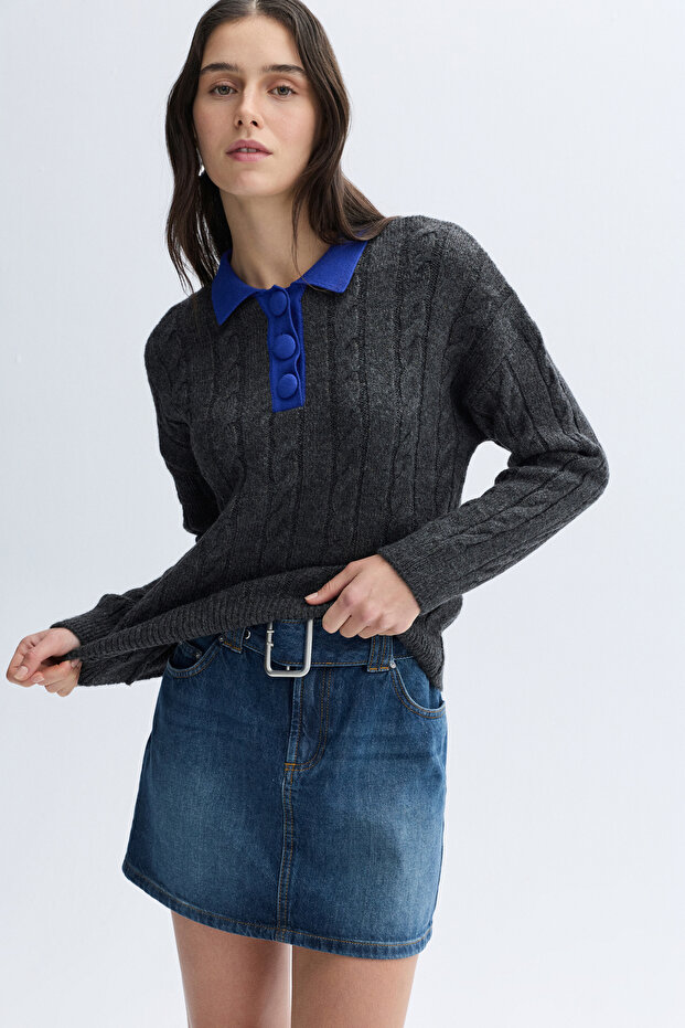 Women's Anthracite Melange Hair Braided Polo Collar Sweater