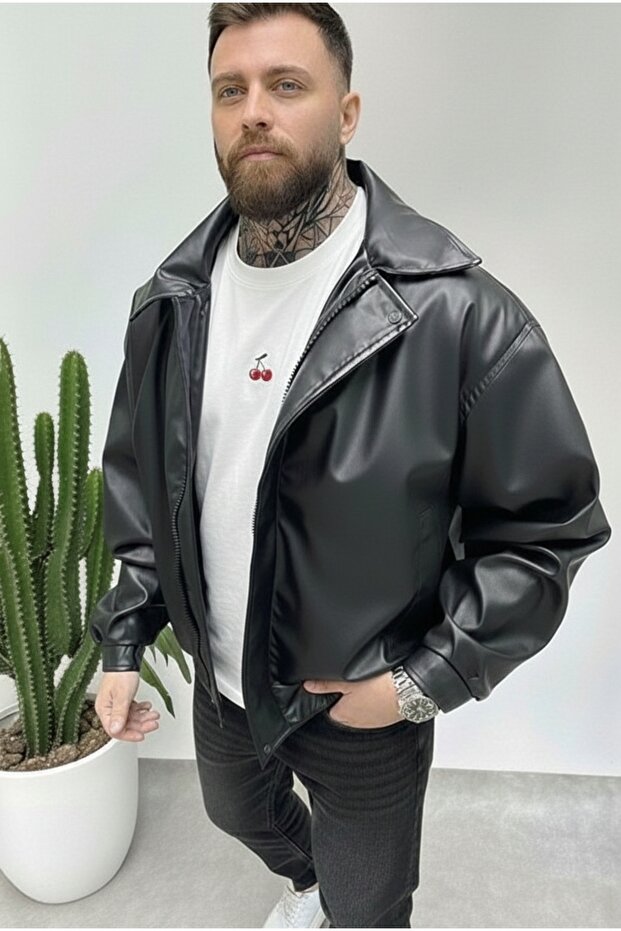 Men's Bomber Leather Jacket Black