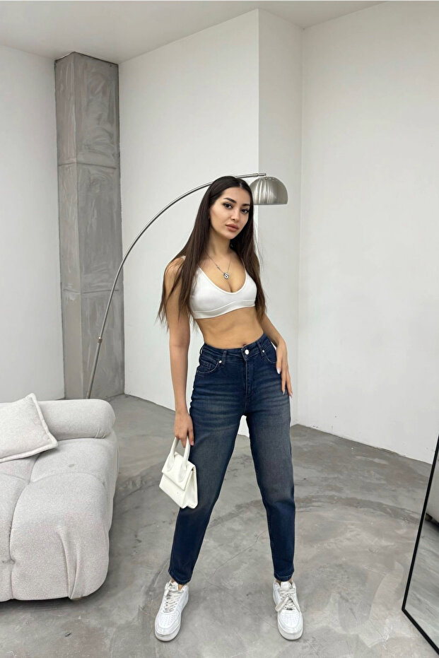 Női rugalmas/lycra magas derekú Mom Jeans - 4
