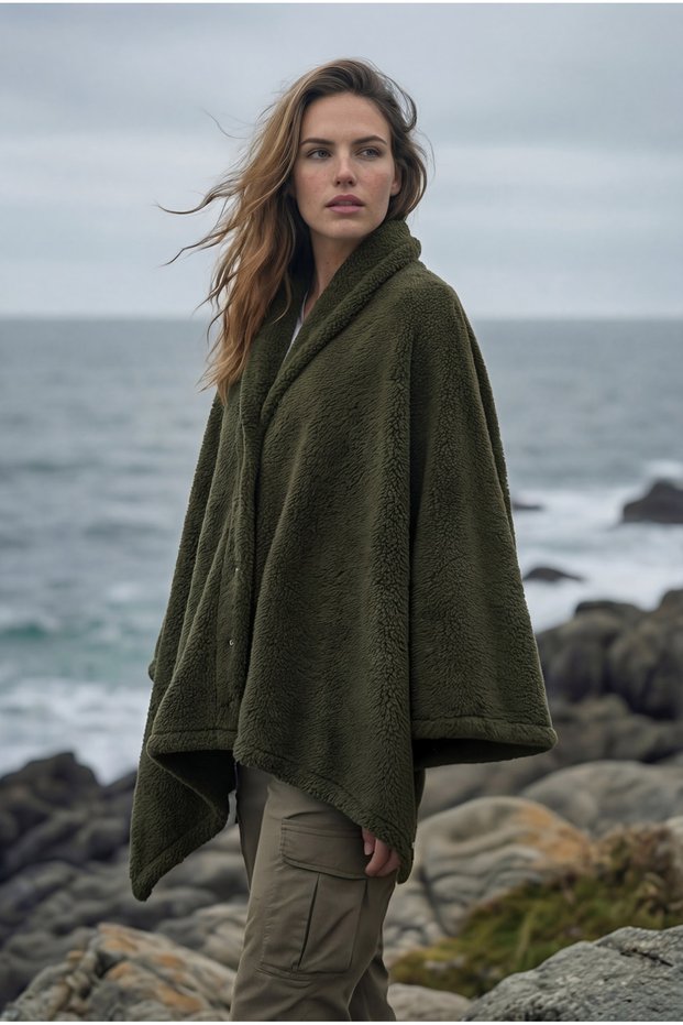 Snap Fastener Premium Shoulder Shawl Poncho - Khaki