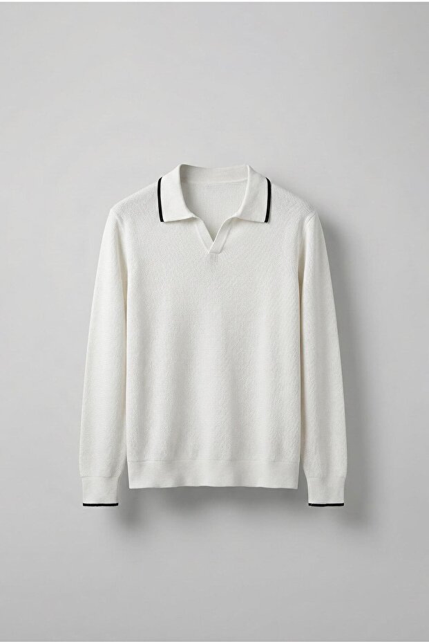 Men's Polo Neck Slim F Corded Fabric Sweater Ecru