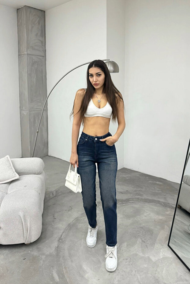 Női rugalmas/lycra magas derekú Mom Jeans - 7