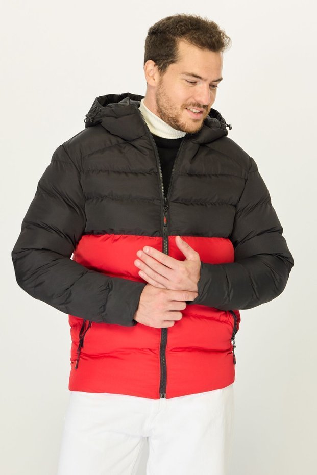 Men's Black-Red Two Color Hooded Water and Windproof Puffer Winter Coat