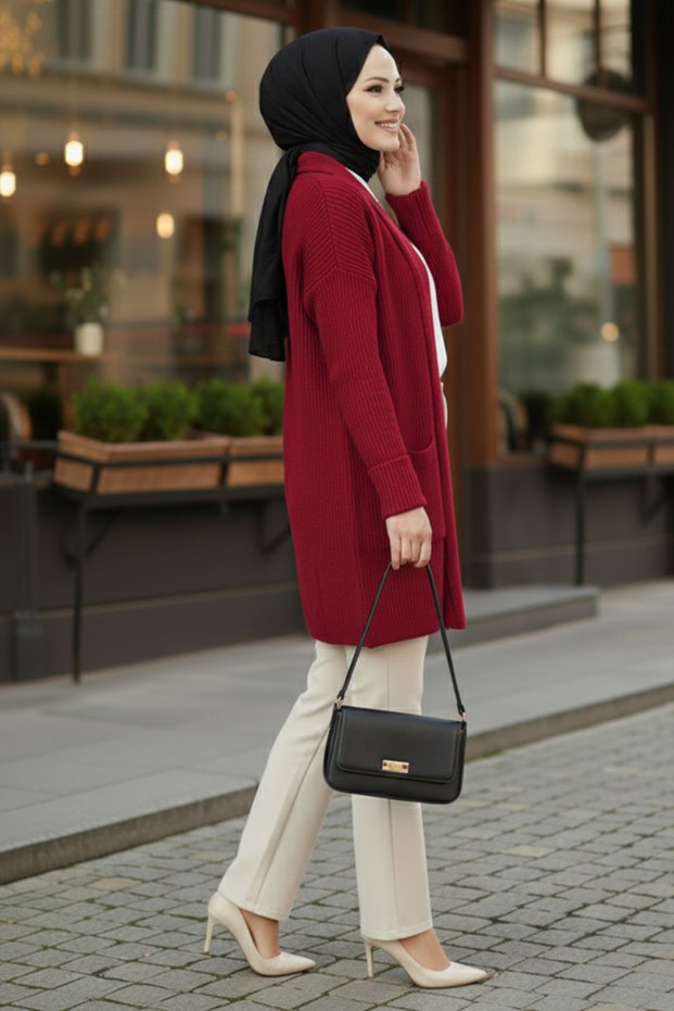 Pocketed Knitwear Cardigan R4442 Red
