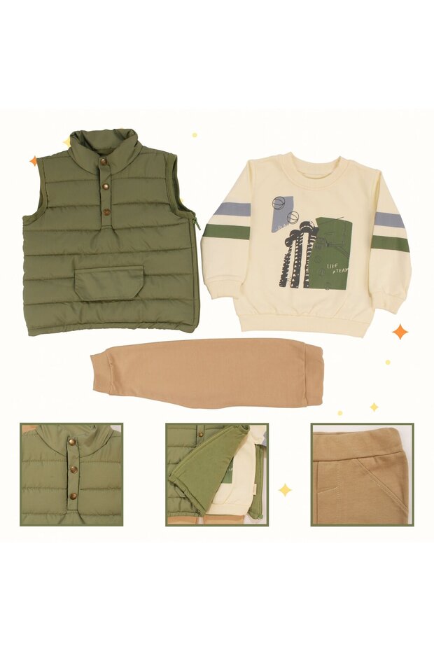 Baby Boy Green Beige Inflatable Vest Set Piece Set with Closed Front Pocket