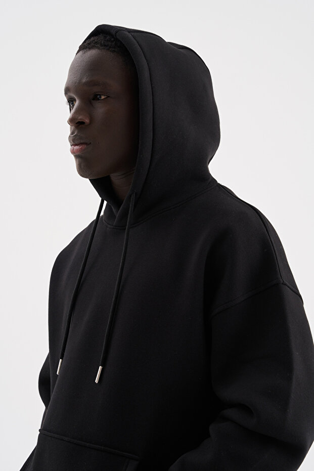 Erkek Oversize Basic Kapüşonlu Sweatshirt Siyah - 3