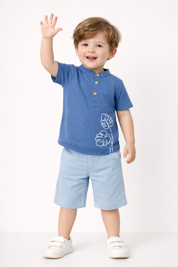 Style Shirt Leaf Pattern Adjustable Waist Short Sleeve Shorts Set of 2