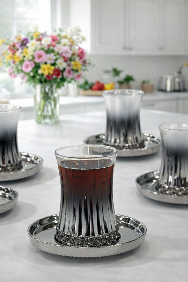 Luxury 6-Piece Silver Glass Tea Set – Elegant Cup and Saucer Set – Dishwasher Safe Tea Set