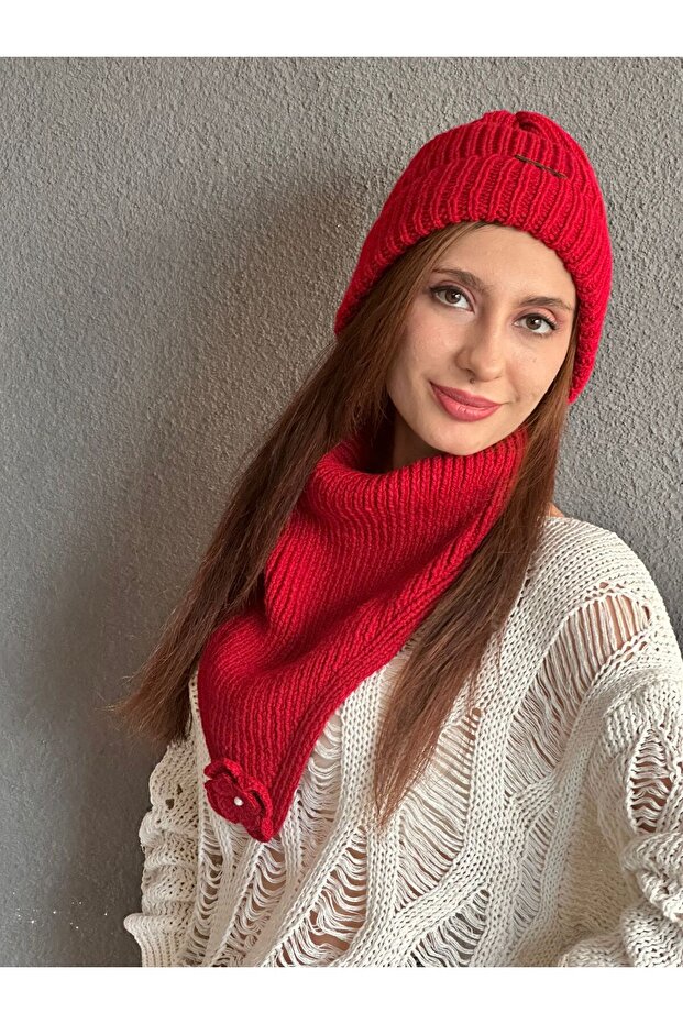 Hand Knitted Soft Women's Beanie Neck Collar Set Pink Light
