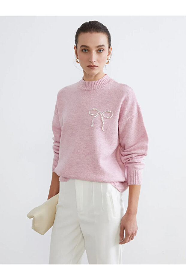 Lcw comfort pink Mock Neck beaded women's knit sweater