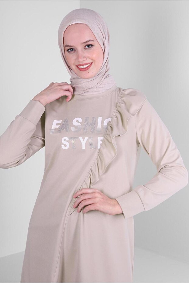 Text Printed Ruffle Detail Sweatshirt Tunic 43699