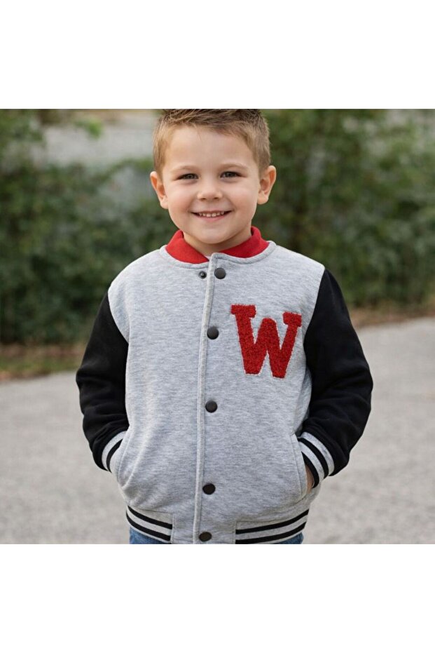 Boy's College Coat Grey Black W Embroidered Fleece-Lined Full Fit