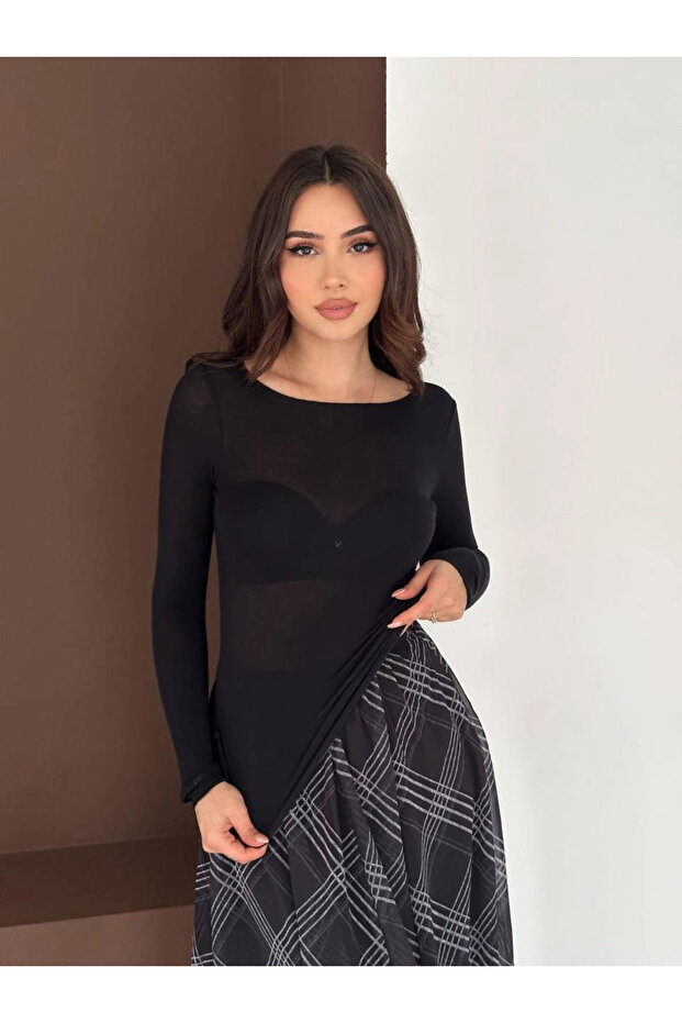 Women's Black See-Through Boat Neck Cashmere Lightweight Blouse