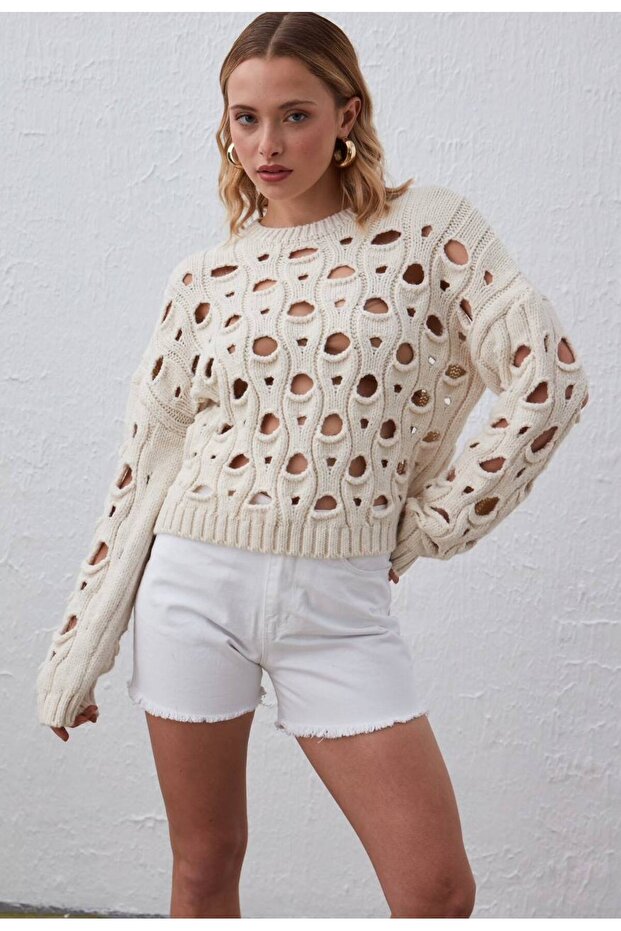 Ekru Oversize Delikli Kazak - 2