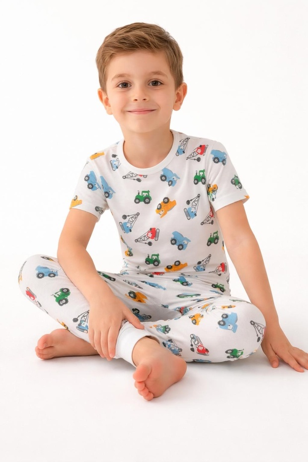 Short Sleeve Patterned Children's Pajama Set # Printedchildren's Pajamasuit # Crane Pattern Pajamas # Laundry Yard
