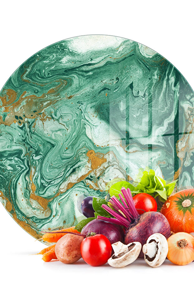 Glass Cutting Board and Serving Bowl Round Green Gold Marble Patterned 30X30 cm