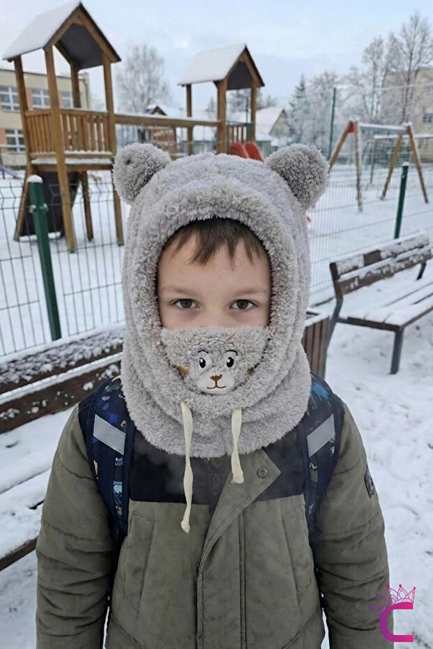 Cute Teddy Bear Soft Plush Beanie Neck Warmer Hat Scarf All-In-One Gray 3-12 Years Old Winter Gift