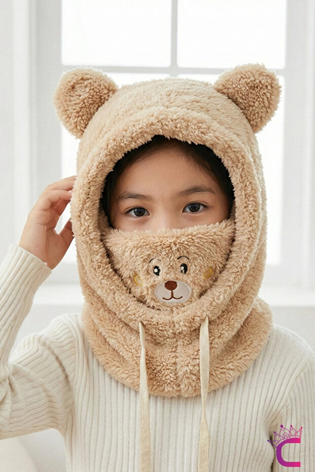 Cute Teddy Bear Soft Plush Beanie Neck Warmer Hat Scarf All-In-One Beige 3-12 Years Old Winter Gift
