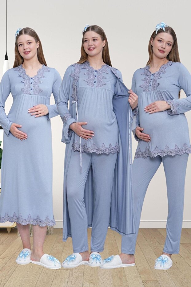 Mecit 1519 Blue Maternity Dressing Gown Nightgown Pajama Set