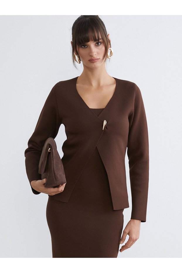 Alita City Farkıyla Soulife Brown Knitwear Plain Women's Cardigan