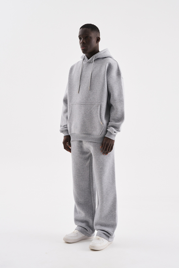 Erkek Oversize Basic Kapüşonlu Sweatshirt Gri Melanj - 6
