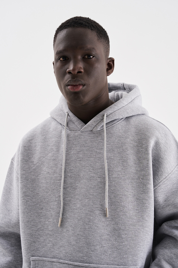 Erkek Oversize Basic Kapüşonlu Sweatshirt Gri Melanj - 3