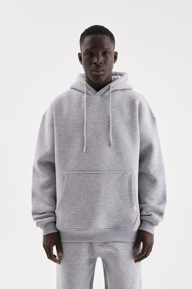 Erkek Oversize Basic Kapüşonlu Sweatshirt Gri Melanj - 1