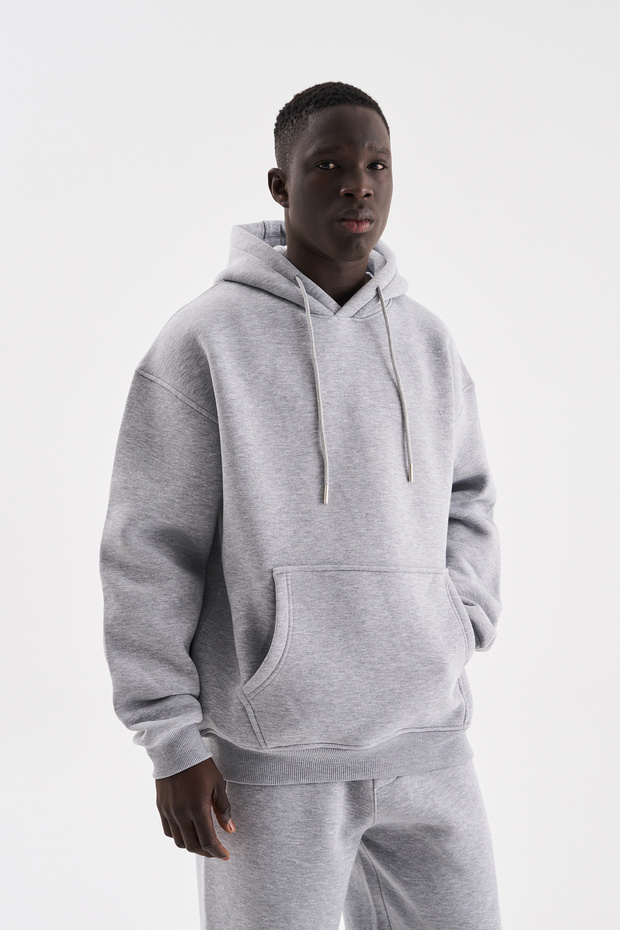 Erkek Oversize Basic Kapüşonlu Sweatshirt Gri Melanj - 2