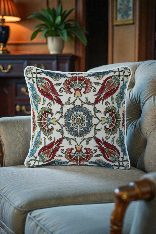 Tile Motif Patterned Piping Tapestry Woven Throw Pillow Cover