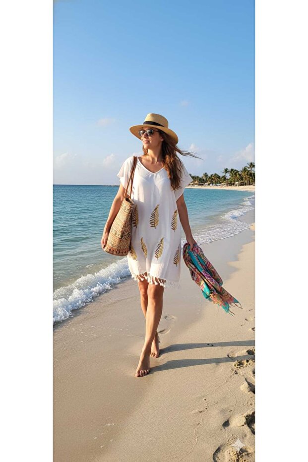 Yellow Leaf Short-Sleeved Bamboo Peshtemal Beach Dress