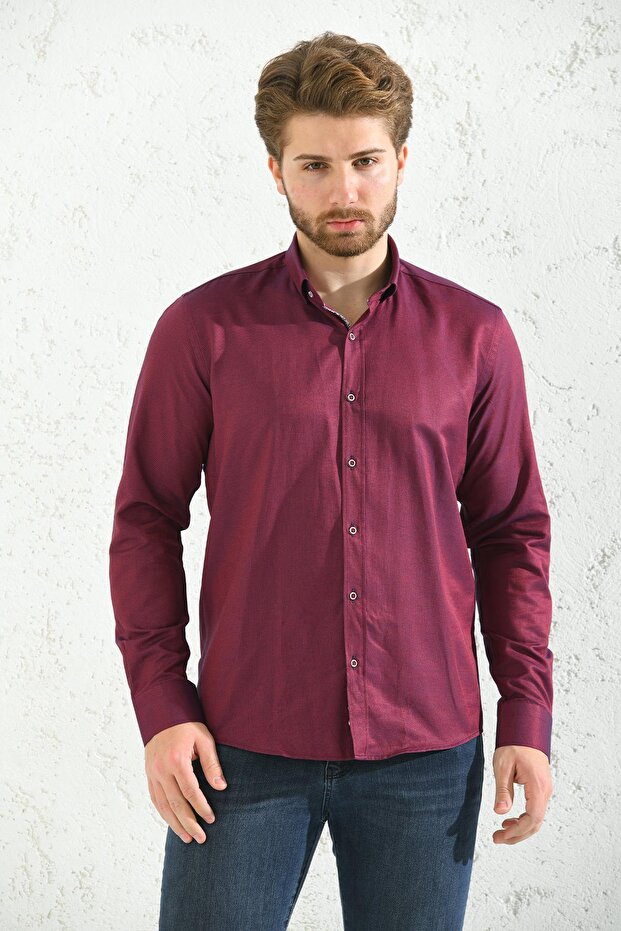 Slim Fit Long Sleeve Oxford Easy-Iron Men's Shirt with Gift Box - Claret Red