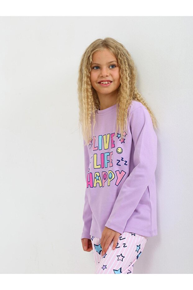 Girl's Long Sleeve 100% Cotton Pajama Set Happy Life