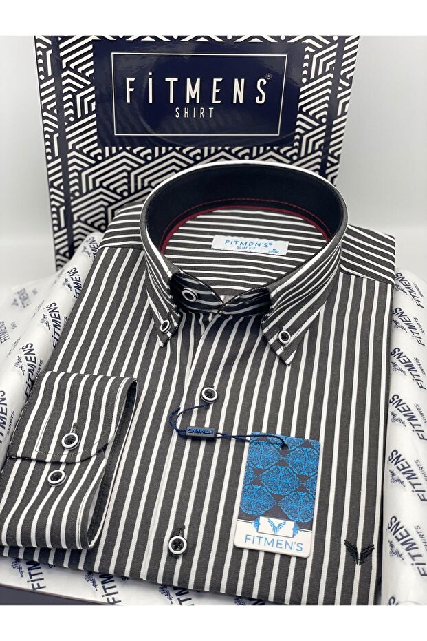 Slim Fit Long Sleeve Premium Thick Striped Collar Buttoned Gift Boxed Easy-Iron Men's Shirt F
