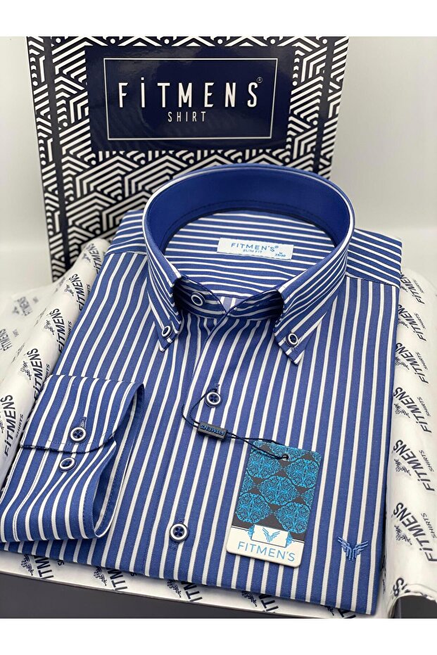 Slim Fit Long Sleeve Premium Thick Striped Collar Buttoned Gift Boxed Easy-Iron Men's Shirt F