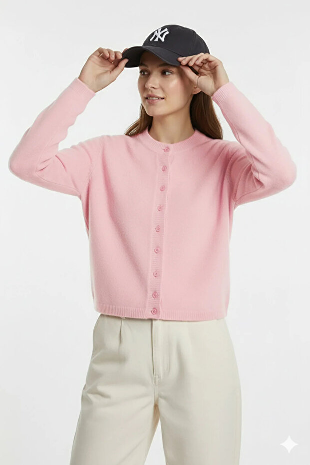 Pembe Basic Düğmeli Kadın Triko Hırka - 1